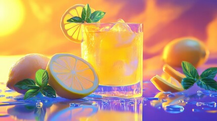 Refreshing citrus drink with lemon slices and mint leaves
