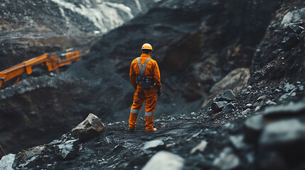 Miner in Orange Safety Suit Overlooking a Coal Mine