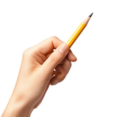 Hand holding a yellow pencil against a white background for creative writing or drawing activities, Hand holding pencil isolated on white background