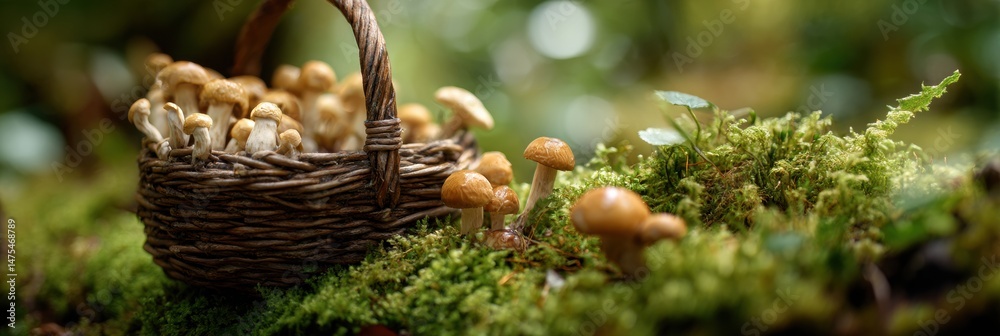 Poster Mushrooms Nestled in Moss Within a Lush Forest Setting Captured in Soft Focus