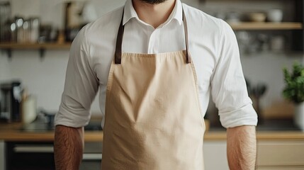 Close-up view of a man wearing a light beige apron.
