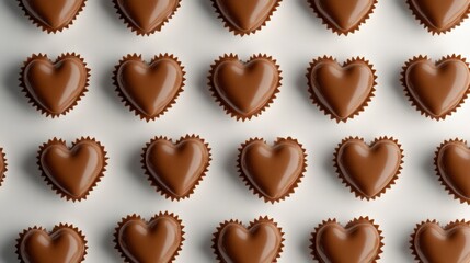 Chocolate heart shaped confections arranged in pattern on white background