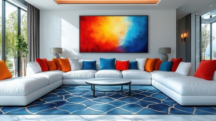 Modern living room with colorful artwork, vibrant cushions, large windows, and natural light