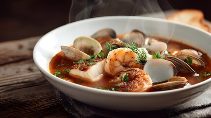 A close-up shot of a flavorful seafood stew, showcasing fresh ingredients and savory broth.