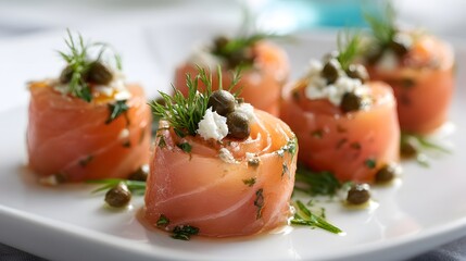 Elegant smoked salmon rolls garnished with dill, capers, and cream cheese, on a white plate.