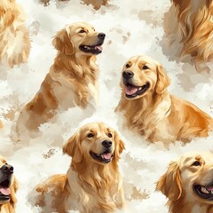 Seamless pattern of fluffy golden retrievers with happy expressions on a white background  