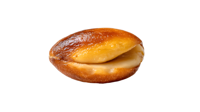 A single, perfectly toasted pine nut, golden brown, buttery, and delicate, macro detail, isolated on white, gourmet ingredient.