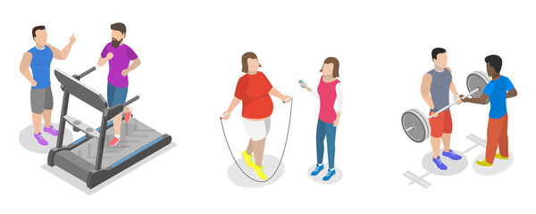 3D Isometric Flat  Illustration of Healthy and Active Lifestyle, Get In Shape With A Personal Fitness Coach