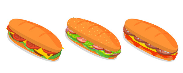 3D Isometric Flat  Illustration of baguette Sandwiches, Fast Food, Snacks