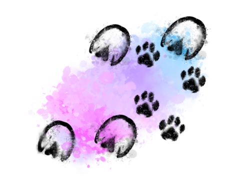 Raster animal paw print stamp: horse hooves	and dog paws on watercolor background. Creative silhouettes ready to print
