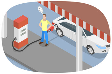 Fototapeta na wymiar 3D Isometric Flat Illustration of Automobile Refill, Person Refueling Vehicle At Gas Station.