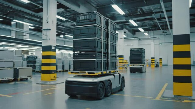 Automated Guided Vehicle (AGV) Carrying Stacked Crates in a Modern Warehouse