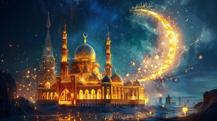 Eid mubarak ramadan kareem: islamic mosque crescent moon image silhouette