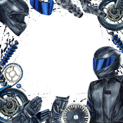 Motorcyclist in helmet, template with moto clothing. Moto wheel, chain and shock absorber. Clothes, gear and equipment. Watercolor illustration frame isolated from background on black spray splatters © Yulia Kapura