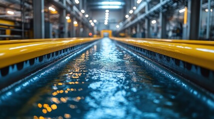 Industrial water channel in a manufacturing facility with illuminated surroundings and machinery