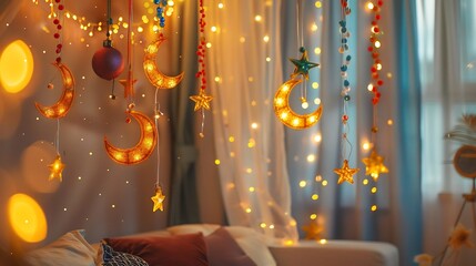 Ramadan mubarak decorations: crescent moon and star lights for eid silhouette