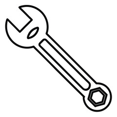 Black outlined wrench with open and box ends on a white background