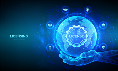 Licensing. License agreement concept. Copyright protection law license property rights. World map point line composition. Earth planet globe in wireframe hand. Vector illustration.