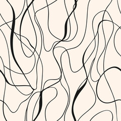 Abstract organic seamless pattern. Vector black and white background with intertwined curvy lines, threads, ropes, fluid shapes. Minimal monochrome texture. All-over repeated design for decor, print