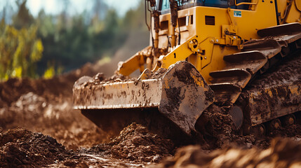 Fototapeta premium Bulldozer Moving Dirt at a Construction Site