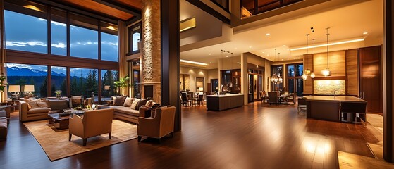 Spacious luxury homes layout with modern furnishings and ambient indoor lighting.