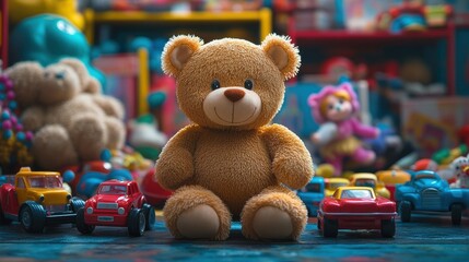 A cheerful, colorful scene with a variety of toys scattered across the background, featuring plush teddy bears, dolls, and vibrant toy cars