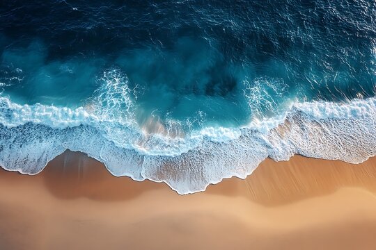Aerial view of turquoise ocean waves crashing on golden sandy beach