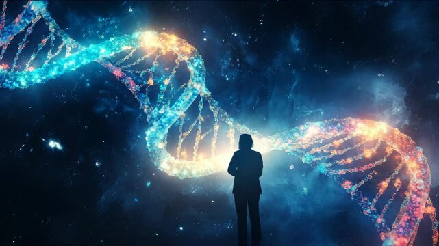 A person is standing in front of a DNA strand. The DNA strand is colorful and has a spiral shape