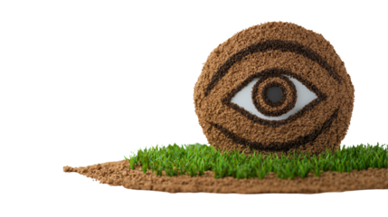 Textured Brown Sphere with Embedded Eye Symbol on Grass