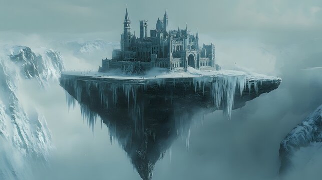 Frozen Castle in the Clouds: A majestic castle, perched atop a frozen floating island amidst a snow-capped mountain range, evokes a sense of mystery and wonder.  