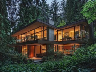 Fototapeta premium Modern home architecture design with glass windows in forest setting