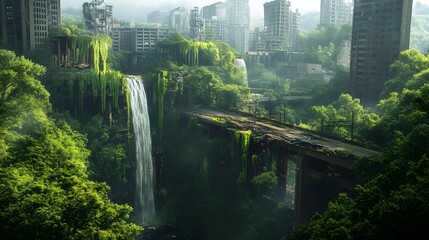 The City Reclaimed: A post-apocalyptic cityscape, where nature has taken over the urban environment, showing a majestic waterfall, capturing the essence of resilience and rebirth