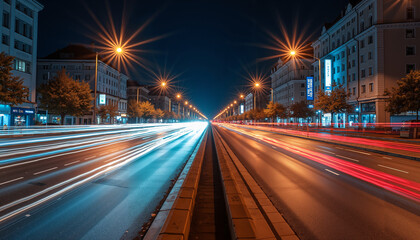 Fototapeta premium City Street at Night long exposure with light trails represents urban motion calm