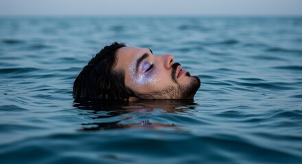 Man floating in ocean water with glitter makeup serene sea portrait relaxation calm peaceful artistic