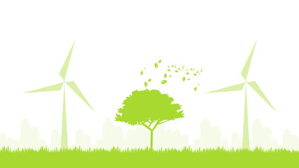 wind turbine on green field silhouette sustainable development environment concept vector illustration good for web banner, ads banner, campaign banner, wallpaper, backdrop and green campaign