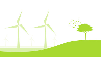 wind turbine on green field silhouette sustainable development environment concept vector illustration good for web banner, ads banner, campaign banner, wallpaper, backdrop and green campaign