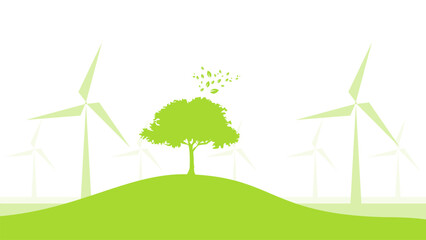 wind turbine on green field silhouette sustainable development environment concept vector illustration good for web banner, ads banner, campaign banner, wallpaper, backdrop and green campaign