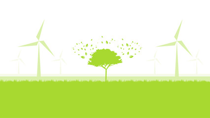 wind turbine on green field silhouette sustainable development environment concept vector illustration good for web banner, ads banner, campaign banner, wallpaper, backdrop and green campaign
