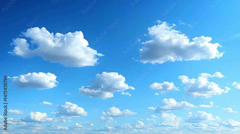 Poster Cloudscape Serenity: A captivating view of a vibrant sky canvas, adorned with puffy, immaculate clouds. Explore the boundless space and serenity.