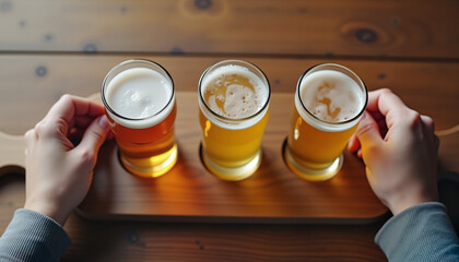 Craft beer tasting with three glasses on a wooden table  
