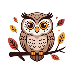 A cute cartoon owl with big, round eyes perches on a brown branch, surrounded by colorful autumn leaves.