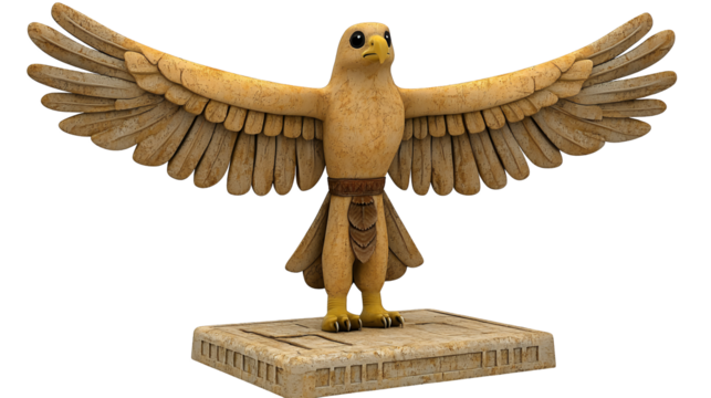 Beige Stylized Falcon Statue with Outstretched Wings on Stone Base