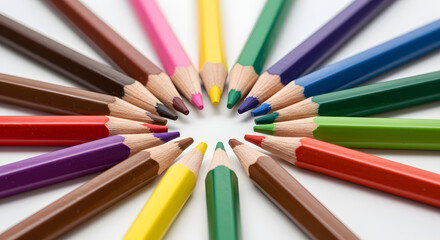 Fototapeta premium Colorful Wooden Pencils Arranged in Circular Pattern Suggesting Collaboration Creativity and Unity Against White Background Ideal for School Supplies and Educational Themes