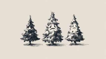 Obraz premium Three sad christmas trees in monochrome design.
