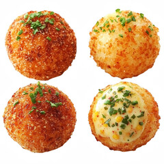 Golden Brown Crispy Fried Cheese Balls Garnished with Fresh Chives on Isolated Black Background