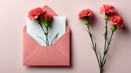 Fototapeta premium Elegant composition featuring a pink envelope with carnations and a blank letter in soft natural light, creating a serene and inviting atmosphere