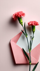 Fototapeta premium Soft pink envelope with a letter and fresh carnations creating a delicate composition in a dreamy setting