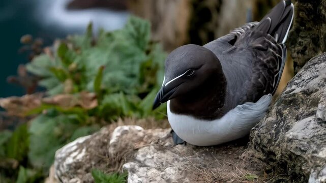 Razorbill seabird resting on coastal cliffside nest with ocean background featuring a natural habitat and avian wildlife