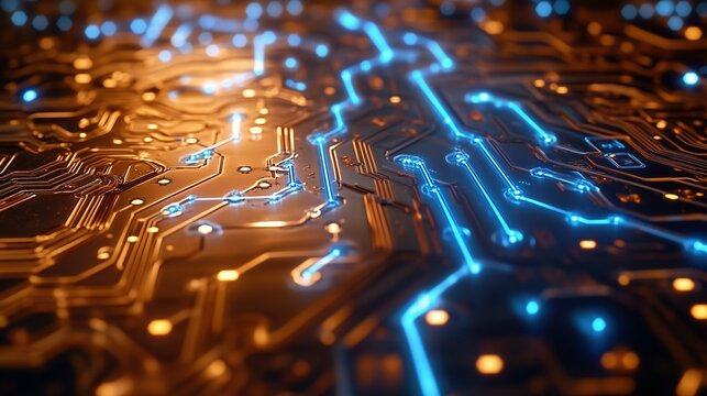 Vue macro spectaculaire d&rsquo;un circuit imprim&eacute; avec courant lumineux bleu sur fond dor&eacute;