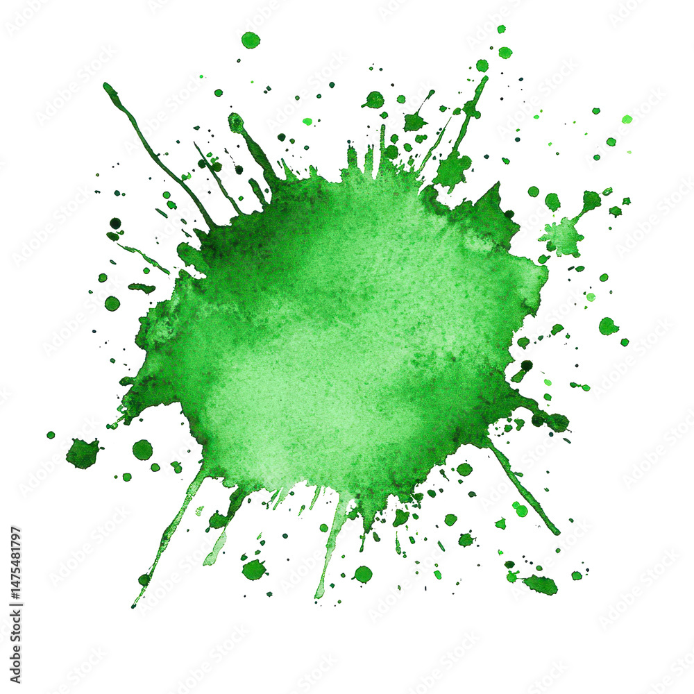 Poster vivid green color stain isolated on a clean white background with splatters and drips, green color s